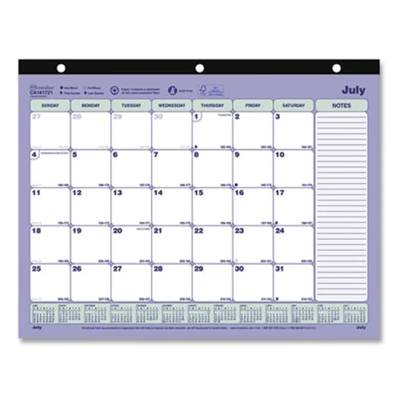 Academic 13-Month Binder-Insertable Desk Pad Calendar, 11 x 8.5, White/Blue/Green Sheets, 13-Month: July 2025 to July 2026 - Desk Pad Calendars | Brownline