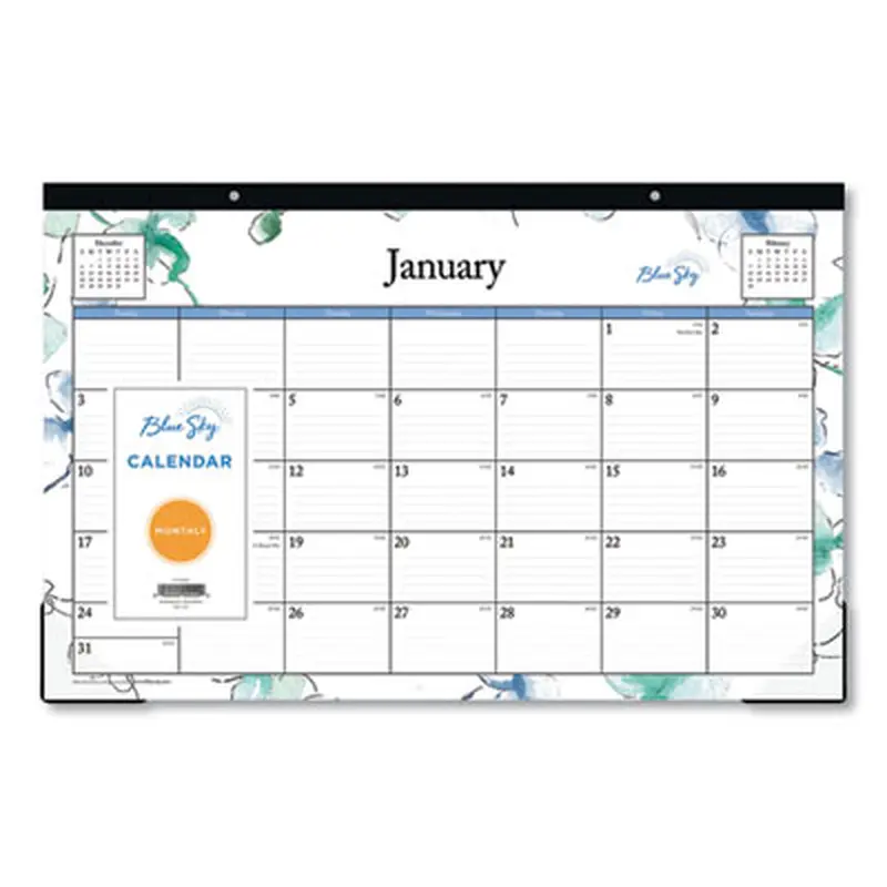 Lindley Desk Pad, Floral Artwork, 17 x 11, White/Blue/Green Sheets, Black Binding, Clear Corners, 12-Month (Jan to Dec): 2026 - Desk Pad Calendars | Blue Sky
