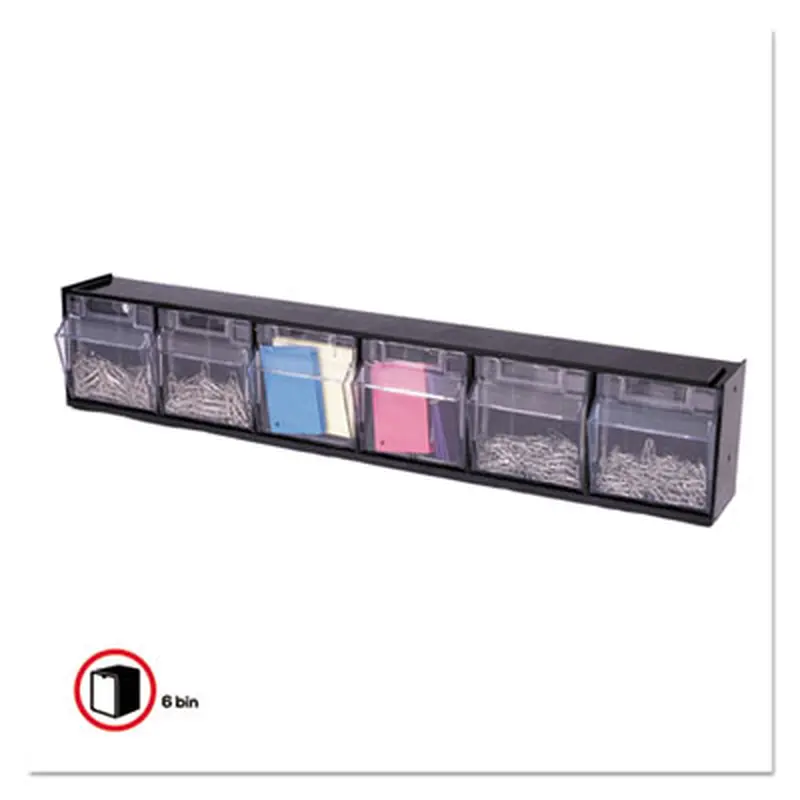 Tilt Bin Interlocking Multi-Bin Storage Organizer, 6 Sections, 23.63" x 3.63" x 4.5", Black/Clear - Boxes & Bins | deflecto