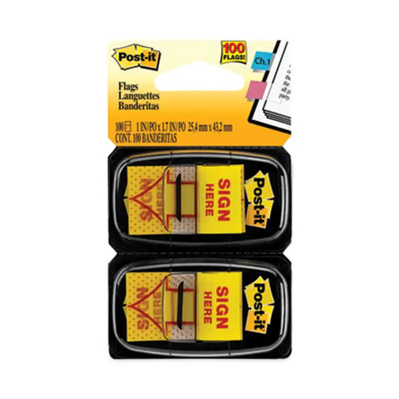 Arrow Message 1" Page Flags, "Sign Here", Yellow, 50 Flags/Dispenser, 2 Dispensers/Pack - Page Flags | Post-it Flags