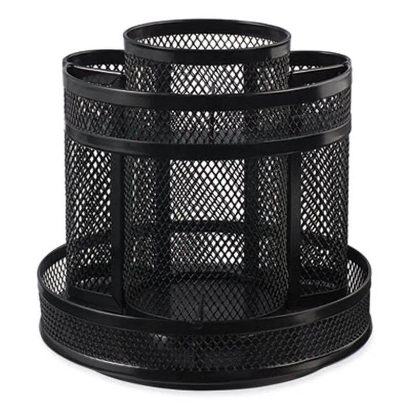Metal Mesh Rotating Desktop Organizer, 8 Compartments, Metal Mesh, 6.5" Diameter x 6.13"h, Black - Desktop Supplies Organizers | Universal