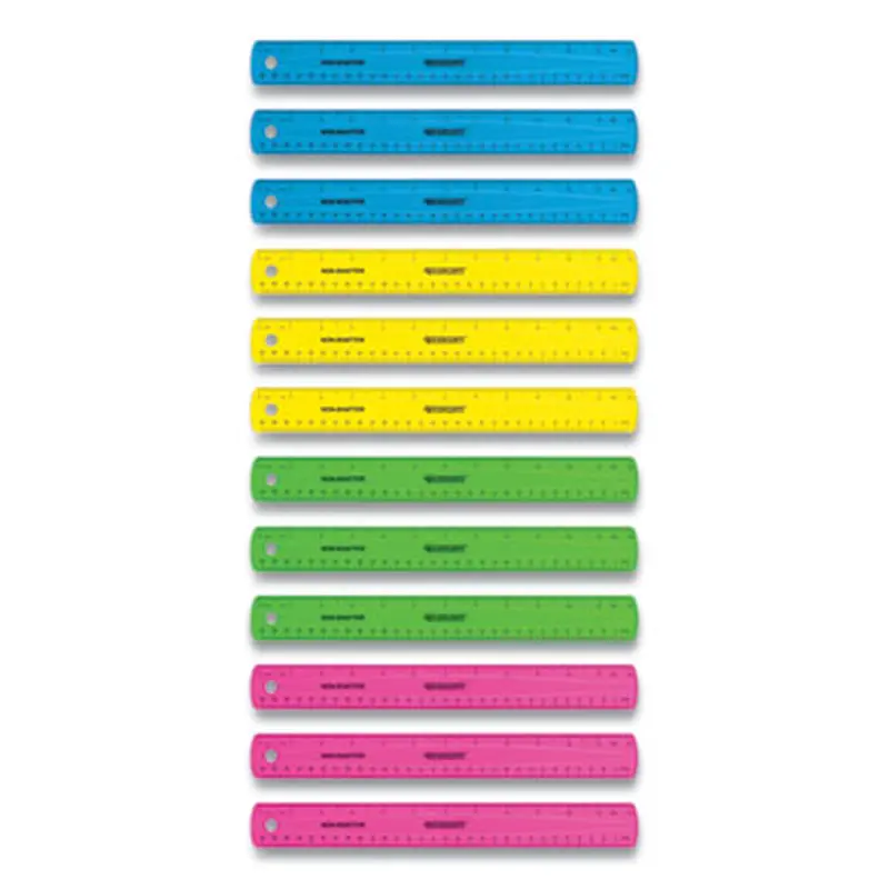 Non-Shatter Flexible Ruler, Standard/Metric, 12" (30 cm) Long, Plastic, Assorted Translucent Colors, 12/Box - Rulers | Westcott