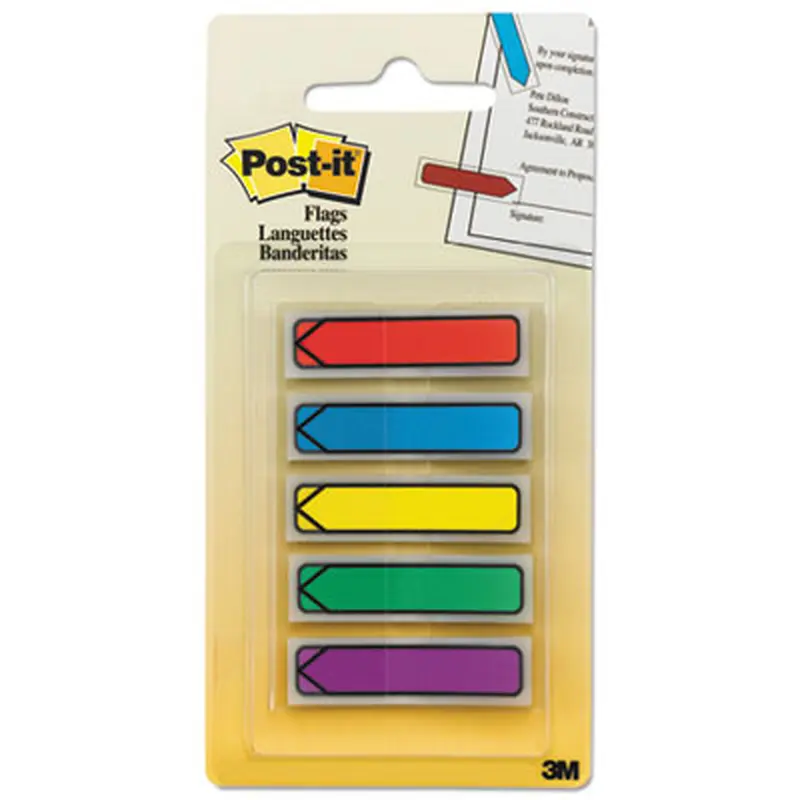 Arrow 0.5" Page Flags, Blue/Green/Purple/Red/Yellow, 20/Color, 100/Pack - Page Flags | Post-it Flags