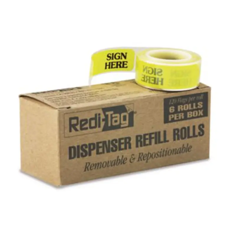 Arrow Message Page Flag Refills, "Sign Here", Yellow, 120 Flags/Roll, 6 Rolls/Box - Page Flags | Redi-Tag