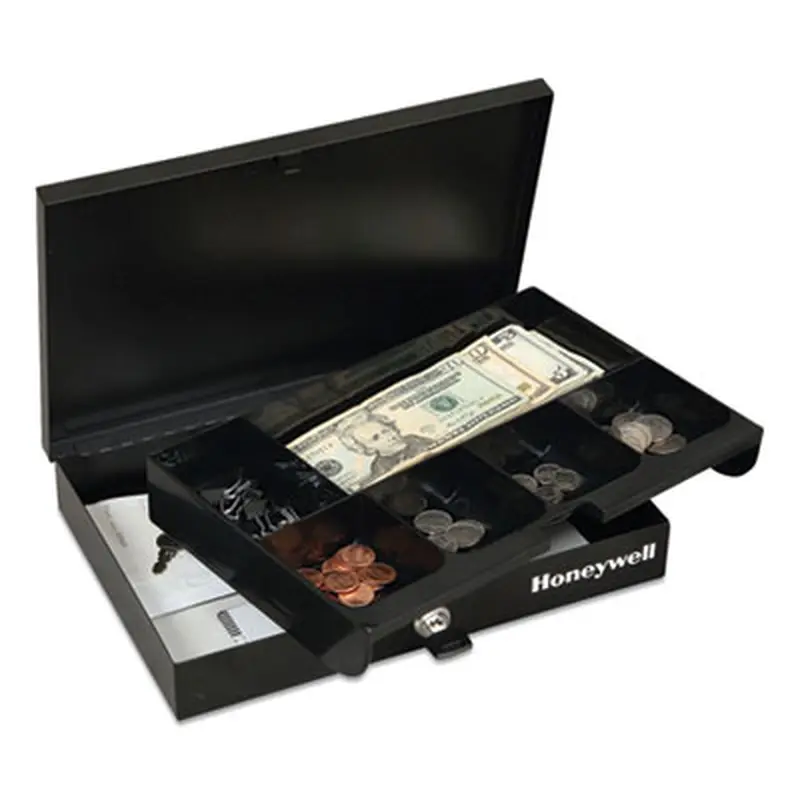 Low Profile Cash Box,1 Bill, 5 Coin Slots, Key Lock, 11.6 x 8 x 1.9, Steel, Black - Cash Drawers/Boxes/Trays | Honeywell