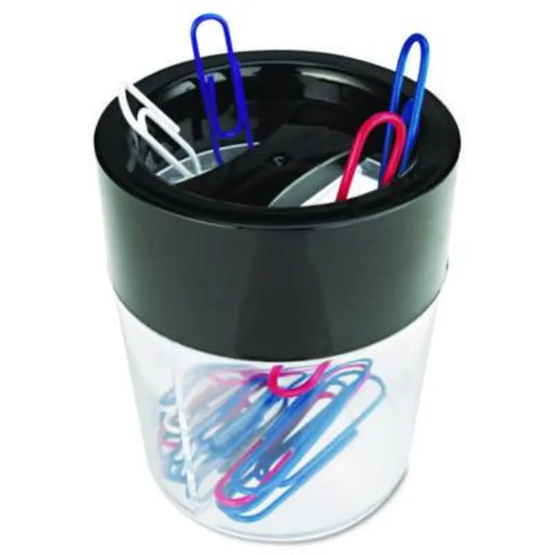 Round Magnetic Clip Dispenser, 2 Compartments, Plastic, 2.5" Diameter x 3"h, Black/Clear - Desktop Supplies Organizers | Universal
