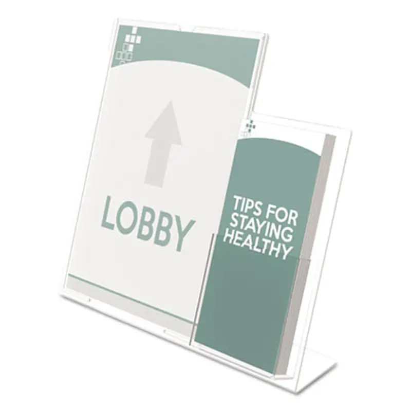Superior Image Slanted Sign Holder with Side Pocket, 13.5w x 4.25d x 10.88h, Clear - Literature Racks & Displays | deflecto