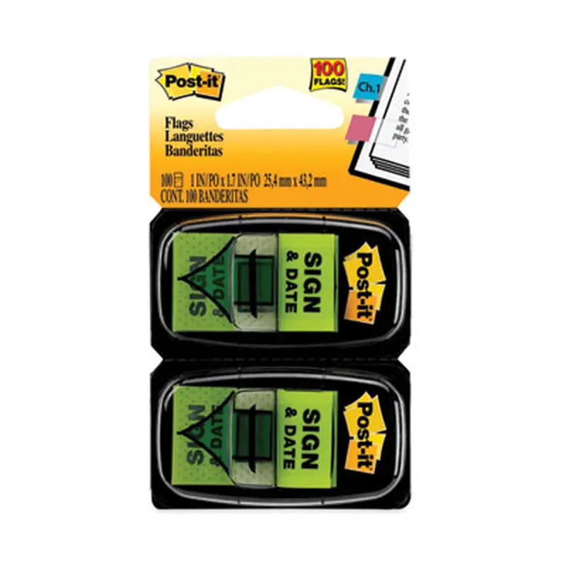 Arrow Message 1" Page Flags, "Sign and Date", Green, 50 Flags/Dispenser, 2 Dispensers/Pack - Page Flags | Post-it Flags