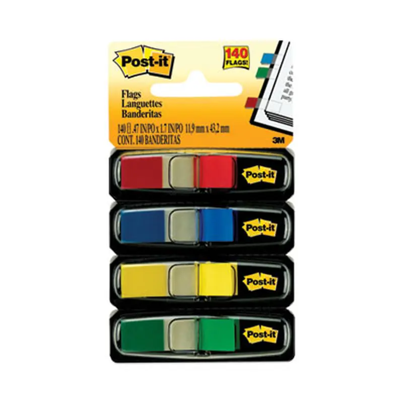 Small Page Flags in Dispensers, 0.5 x 1.75, Assorted Primary, 35/Color, 4 Dispensers/Pack - Page Flags | Post-it Flags