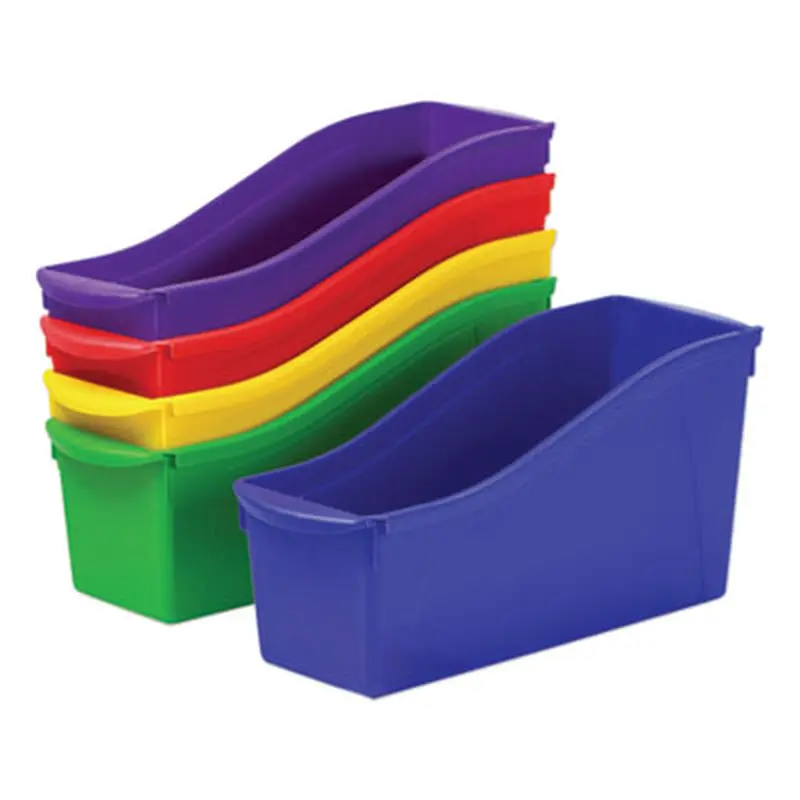 Interlocking Book Bins with Clear Label Pouches, 4.75" x 12.63" x 7", Assorted Colors, 5/Pack - General Purpose Storage Bins | Storex