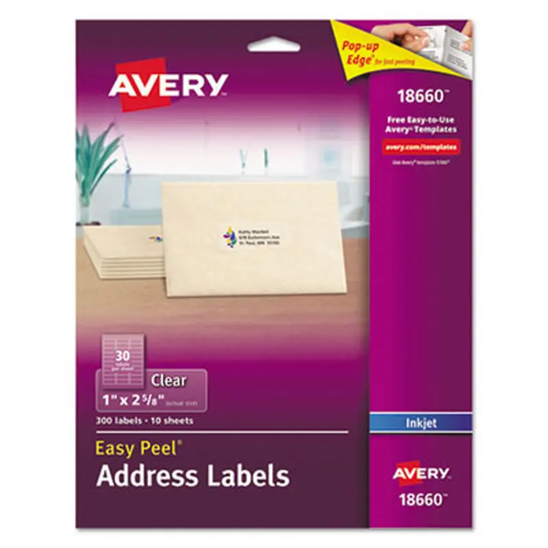 Matte Clear Easy Peel Mailing Labels w/ Sure Feed Technology, Inkjet Printers, 1 x 2.63, Clear, 30/Sheet, 10 Sheets/Pack - Shipping & Mailing Labels | Avery