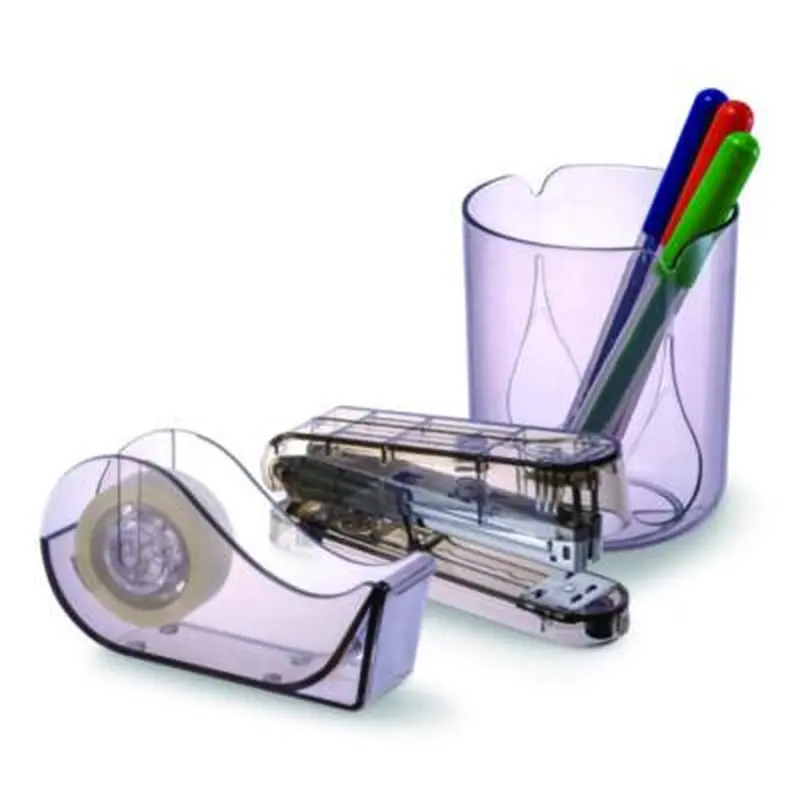 Recycled Plastic Three-Piece Desk Set: (1) Pencil Cup, (1) Stapler, (1) Tape Dispenser, (1) Roll of Tape, Translucent Ash - Office Kits | Officemate