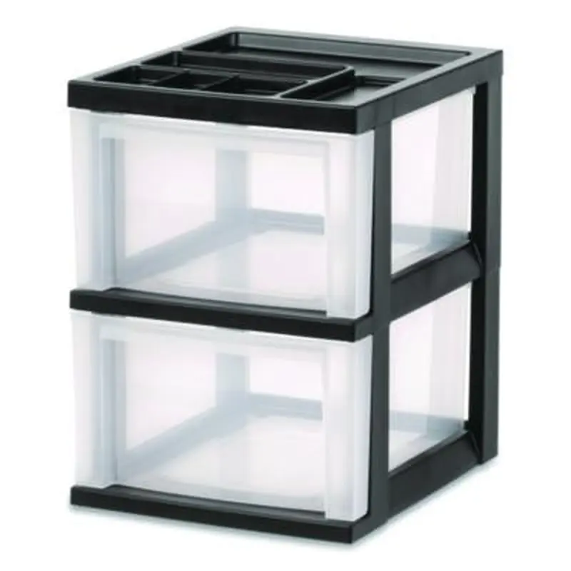 2-Compartment Desktop Stackable Storage Drawer, 12.17 x 14.33 x 16.77, Black/Translucent White - Boxes & Bins | IRIS