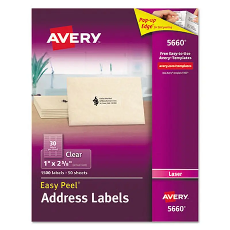 Matte Clear Easy Peel Mailing Labels w/ Sure Feed Technology, Laser Printers, 1 x 2.63, Clear, 30/Sheet, 50 Sheets/Box - Shipping & Mailing Labels | Avery