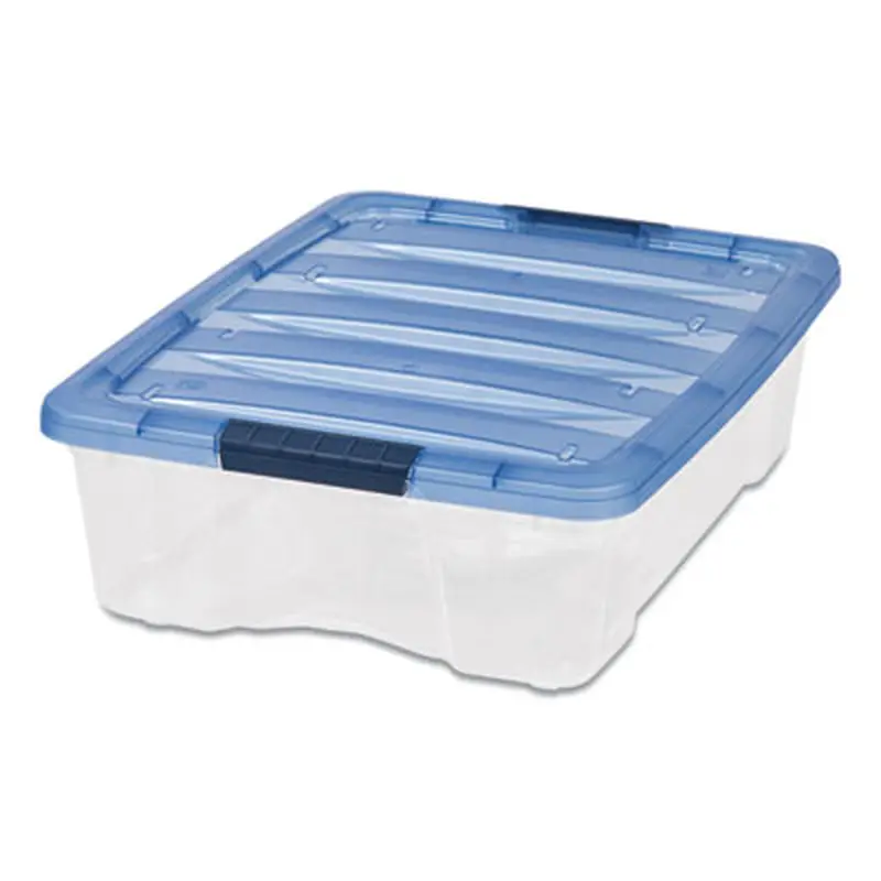 Stack and Pull Latching Flat Lid Storage Box, 6.73 gal, 16.5" x 22" x 6.5", Clear/Translucent Blue - Boxes & Bins | IRIS