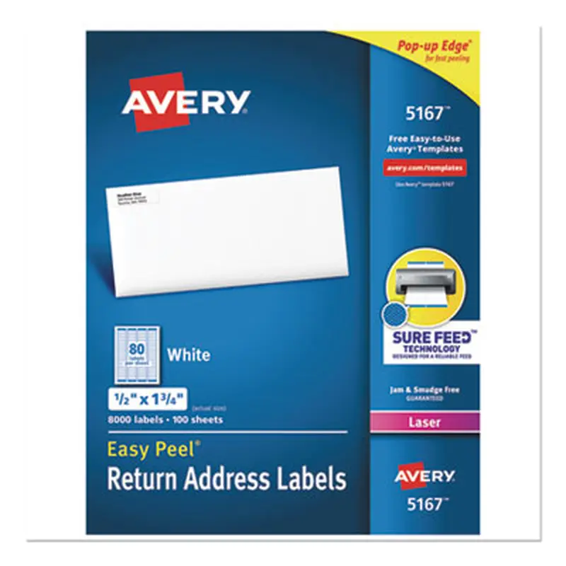 Easy Peel White Address Labels w/ Sure Feed Technology, Laser Printers, 0.5 x 1.75, White, 80/Sheet, 100 Sheets/Box - Shipping & Mailing Labels | Avery