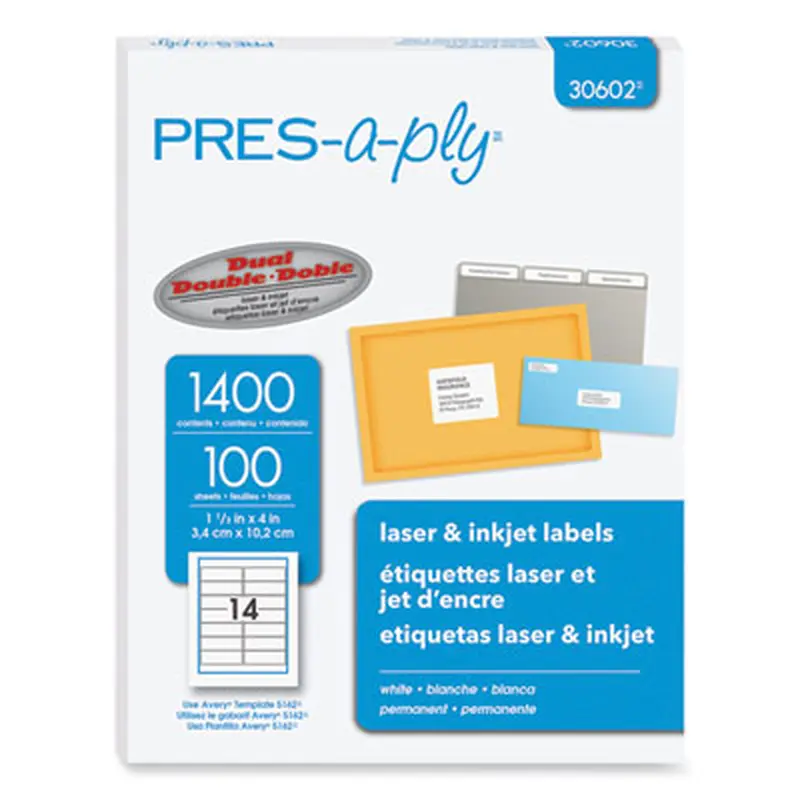 Labels, Laser Printers, 1.33 x 4, White, 14/Sheet, 100 Sheets/Box - Shipping & Mailing Labels | PRES-a-ply
