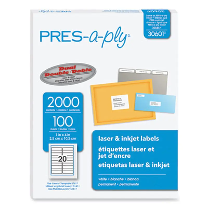 Labels, Laser Printers, 1 x 4, White, 20/Sheet, 100 Sheets/Box - Shipping & Mailing Labels | PRES-a-ply
