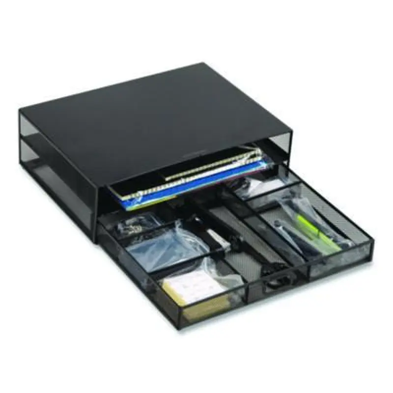 Multi-Tier Monitor Stand with 25-Piece Office Supplies Starter Pack, 15.75" x 11.75" x 4.5", Black, Supports 30 lb - Monitor Stands | Mind Reader