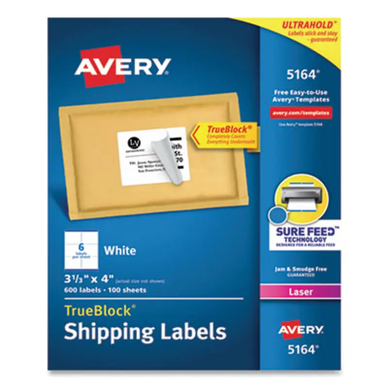 Shipping Labels w/ TrueBlock Technology, Laser Printers, 3.33 x 4, White, 6/Sheet, 100 Sheets/Box - Shipping & Mailing Labels | Avery