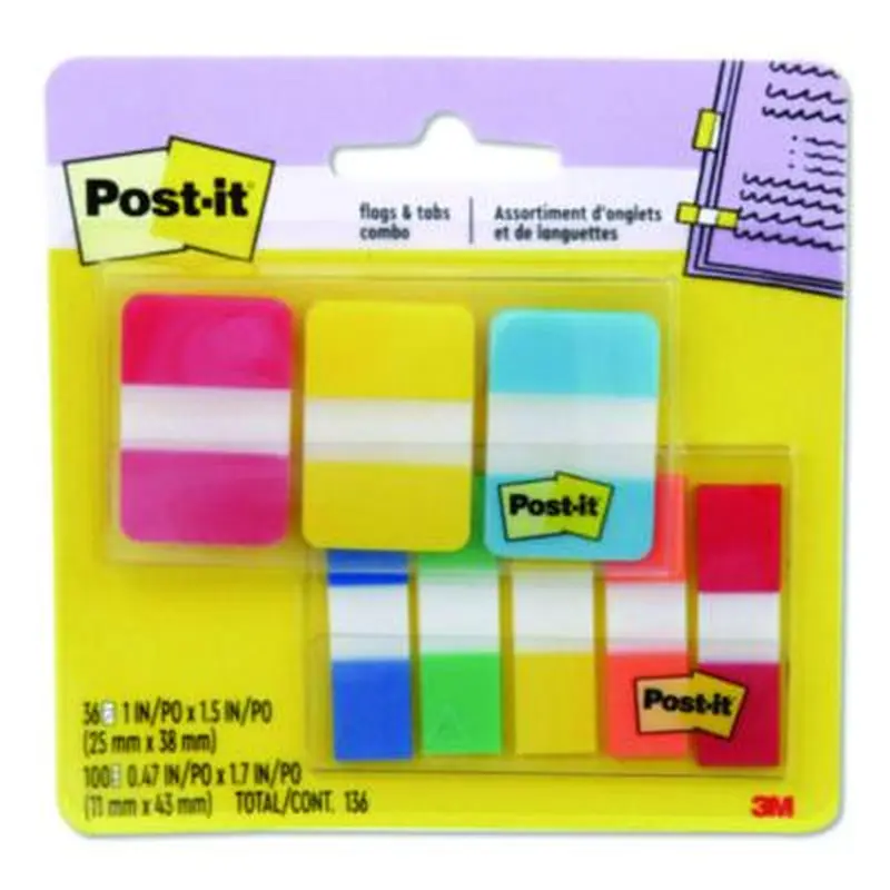 Tabs and Flags Combo Pack, 100 0.47" Flags, 36 1" Tabs, Assorted Colors - Page Flags | Post-it Tabs