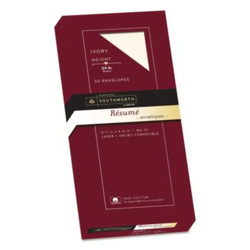 100% Cotton Resume Envelope, #10, Commercial Flap, Gummed Closure, 4.13 x 9.5, Ivory, 50/Box - Business Envelopes | Southworth