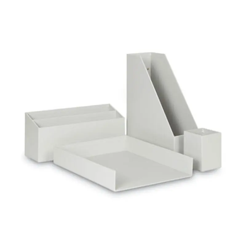 Four-Piece Desk Organization Kit, Magazine Holder/Paper Tray/Pencil Cup/Storage Bin, Chipboard, Gray - Desktop Supplies Organizers | U Brands