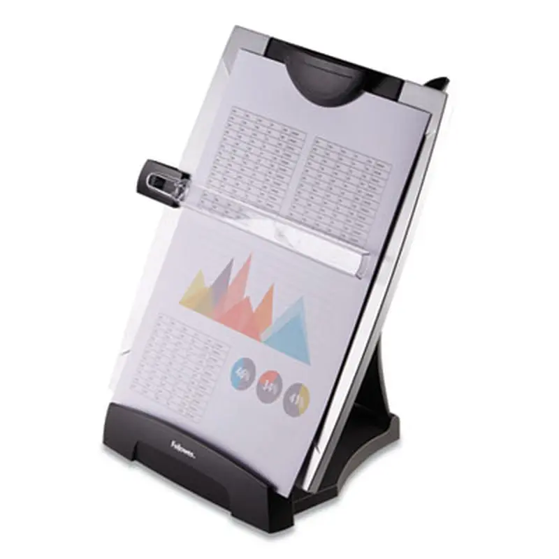 Office Suites Desktop Copyholder with Memo Board, 150 Sheet Capacity, Plastic, Black/Silver - Copyholders | Fellowes
