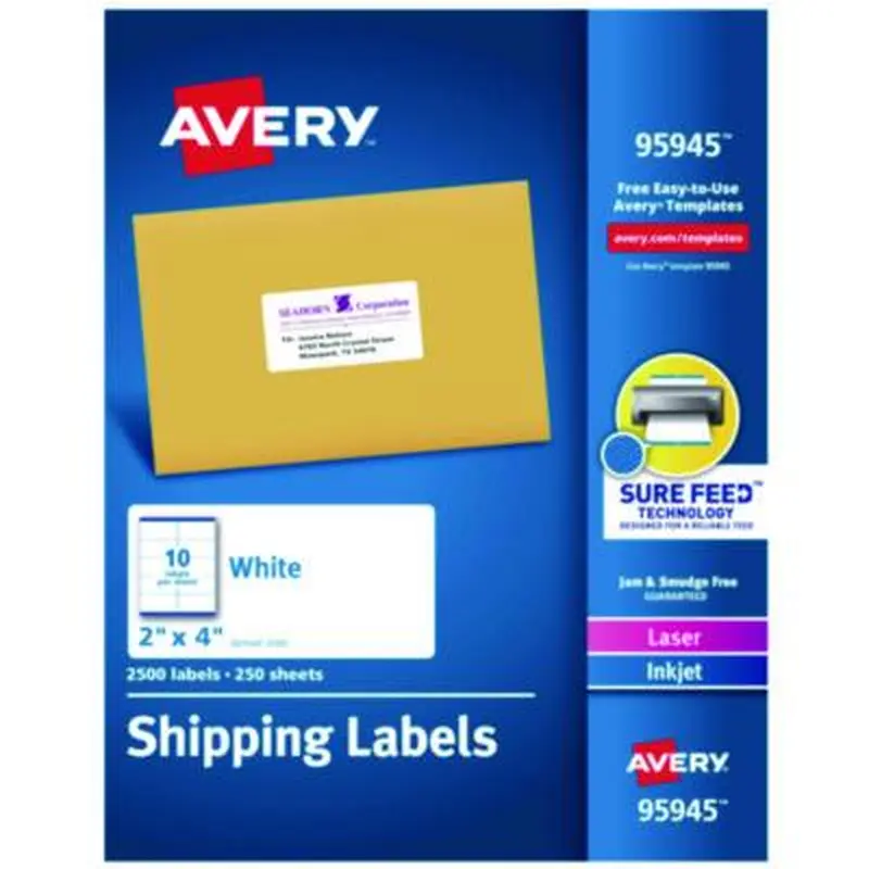 White Shipping Labels-Bulk Packs, Inkjet/Laser Printers, 2 x 4, White, 10/Sheet, 250 Sheets/Box - Shipping & Mailing Labels | Avery