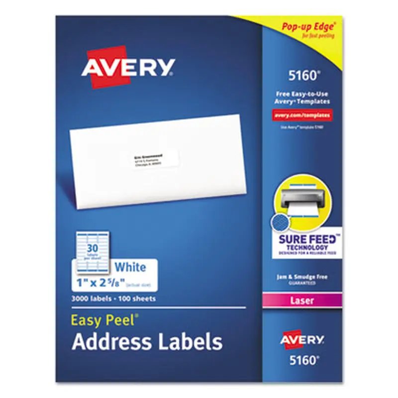 Easy Peel White Address Labels w/ Sure Feed Technology, Laser Printers, 1 x 2.63, White, 30/Sheet, 100 Sheets/Box - Shipping & Mailing Labels | Avery