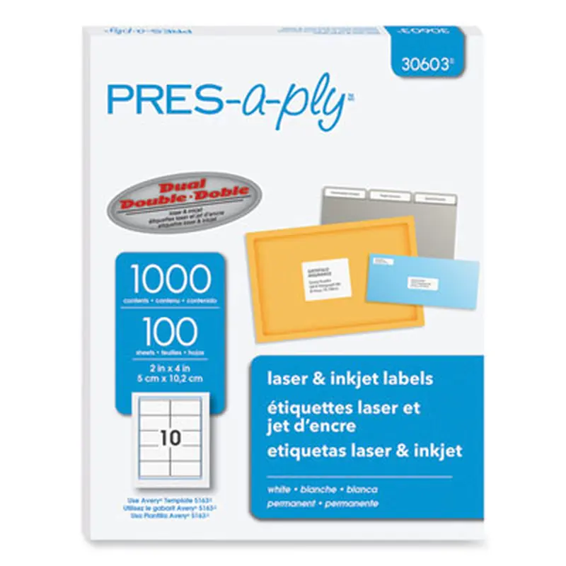 Labels, Laser Printers, 2 x 4, White, 10/Sheet, 100 Sheets/Box - Shipping & Mailing Labels | PRES-a-ply