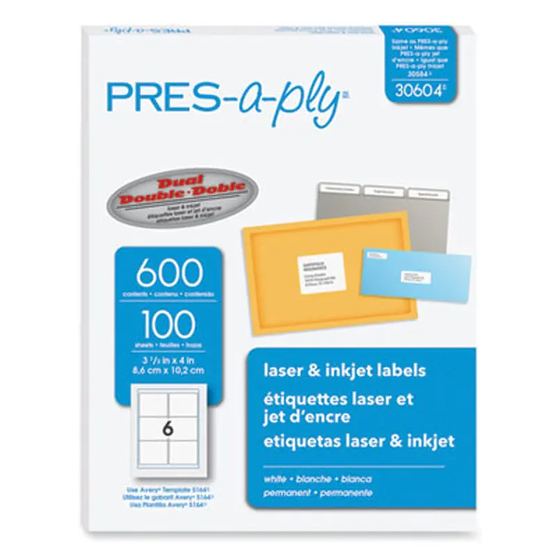 Labels, Laser Printers, 3.33 x 4, White, 6/Sheet, 100 Sheets/Box - Shipping & Mailing Labels | PRES-a-ply