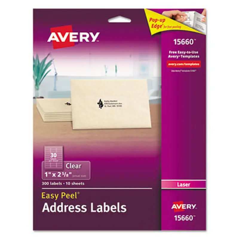 Matte Clear Easy Peel Mailing Labels w/ Sure Feed Technology, Laser Printers, 1 x 2.63, Clear, 30/Sheet, 10 Sheets/Pack - Shipping & Mailing Labels | Avery