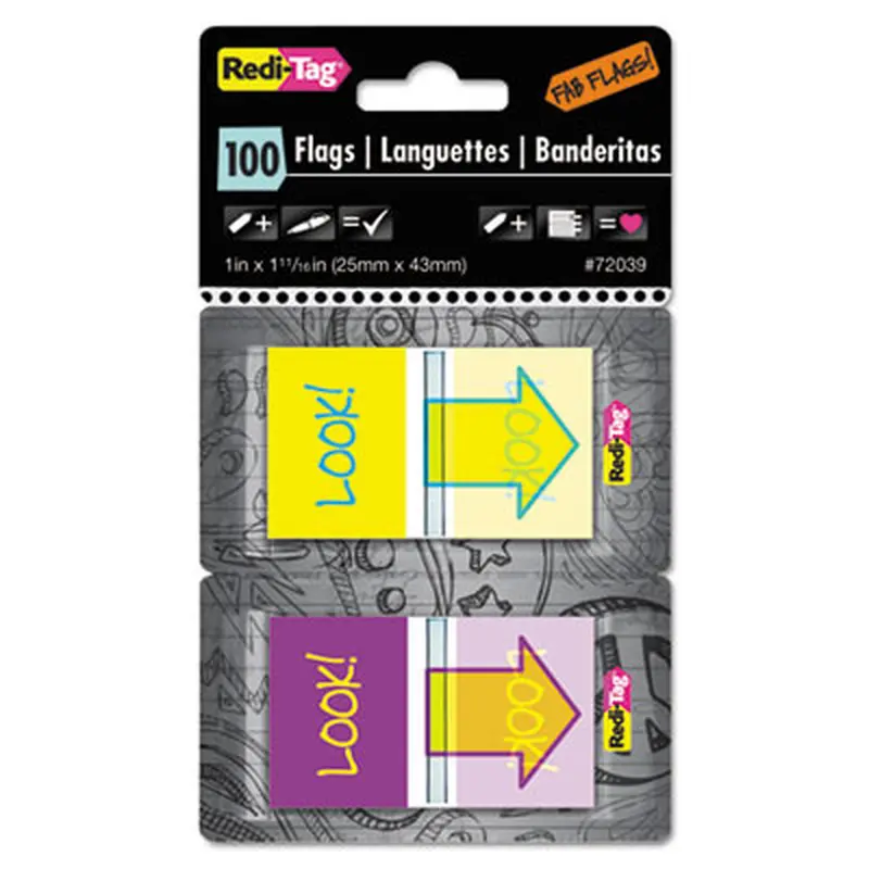 Pop-Up Fab Page Flags w/Dispenser, "Look!", Purple/Yellow; Yellow/Teal, 100/Pack - Page Flags | Redi-Tag