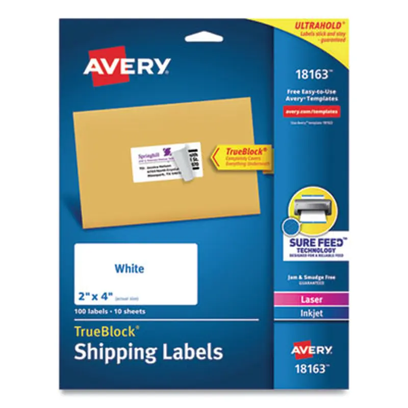 Shipping Labels w/ TrueBlock Technology, Inkjet Printers, 2 x 4, White, 10/Sheet, 10 Sheets/Pack - Shipping & Mailing Labels | Avery