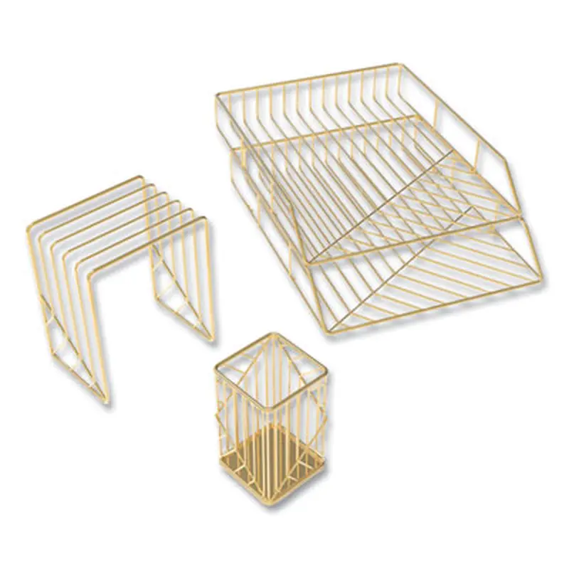 Vena Desktop Organization Kit, 8 Compartments, Letter Sorter, Paper Tray, Pencil Cup, Gold, Metal - Desktop Supplies Organizers | U Brands