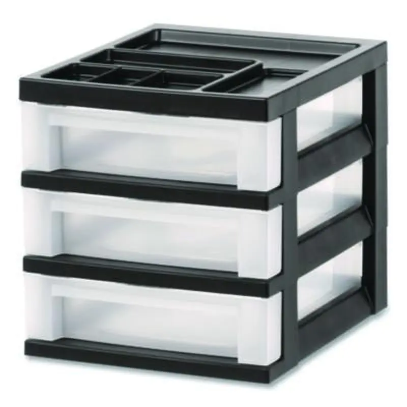 3-Drawer Desktop Storage with Top Organizer Tray, Plastic, 12.17 x 14.33 x 12.93, Black/Translucent - Desktop Supplies Organizers | IRIS