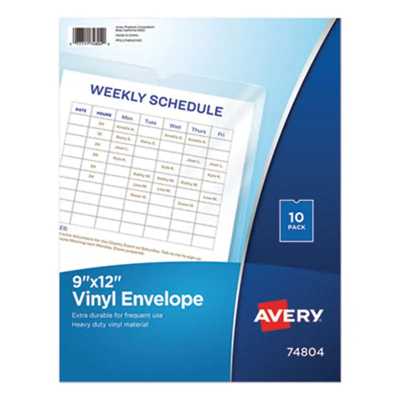 Heavyweight Clear Vinyl Envelope with Thumb Notch, 12 x 9, Clear, 10/Pack - Storage Envelopes | Avery