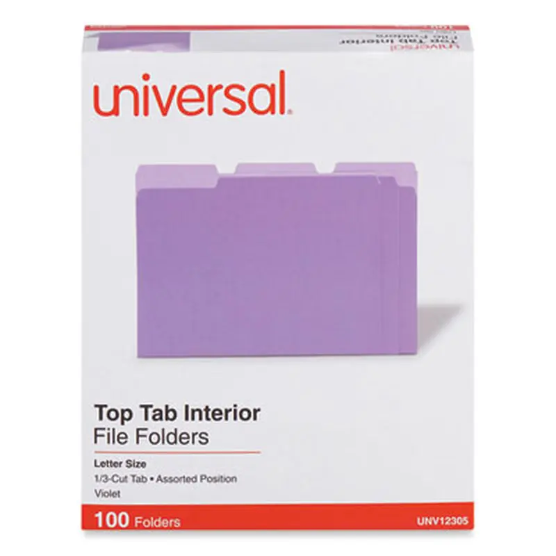 Interior File Folders, 1/3-Cut Tabs: Assorted, Letter Size, 11-pt Stock, Violet, 100/Box - File Folders | Universal