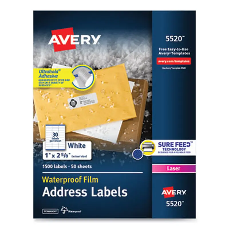 Waterproof Address Labels with TrueBlock and Sure Feed, Laser Printers, 1 x 2.63, White, 30/Sheet, 50 Sheets/Pack - Shipping & Mailing Labels | Avery