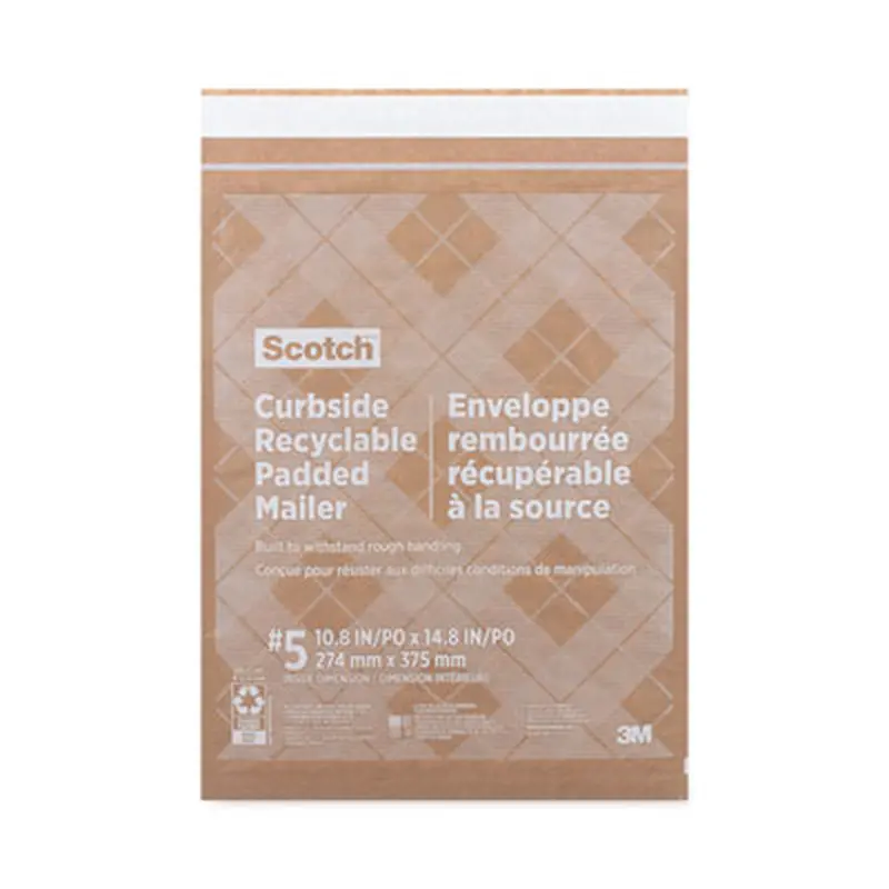 Curbside Recyclable Padded Mailer, #5, Bubble Cushion, Self-Adhesive Closure, 12 x 17.25, Natural Kraft, 100/Carton - Envelopes & Mailers | Scotch