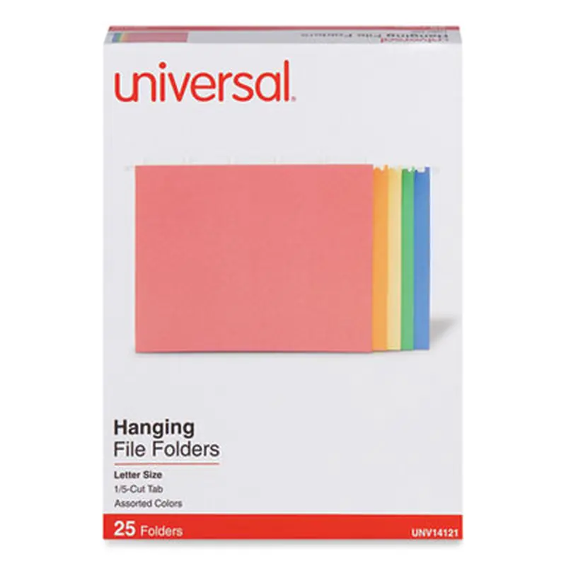Deluxe Bright Color Hanging File Folders, Letter Size, 1/5-Cut Tabs, Assorted Colors, 25/Box - Hanging File Folders | Universal