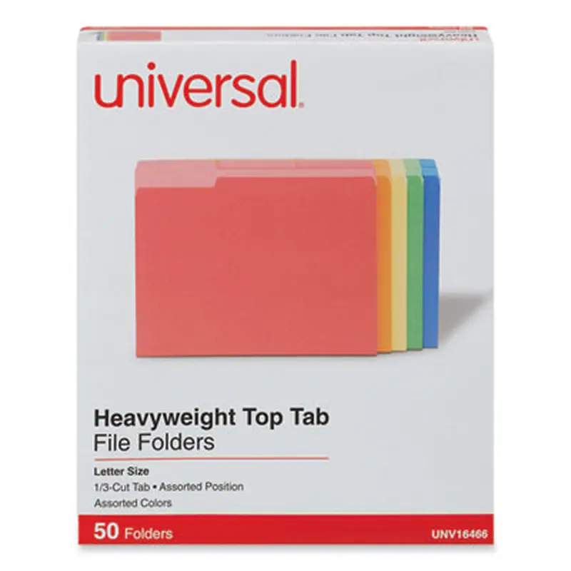 Deluxe Heavyweight File Folders, 1/3-Cut Tabs: Assorted, Letter Size, 0.75" Expansion, Assorted Colors, 50/Box - File Folders | Universal