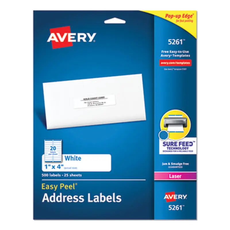 Easy Peel White Address Labels w/ Sure Feed Technology, Laser Printers, 1 x 4, White, 20/Sheet, 25 Sheets/Pack - Shipping & Mailing Labels | Avery