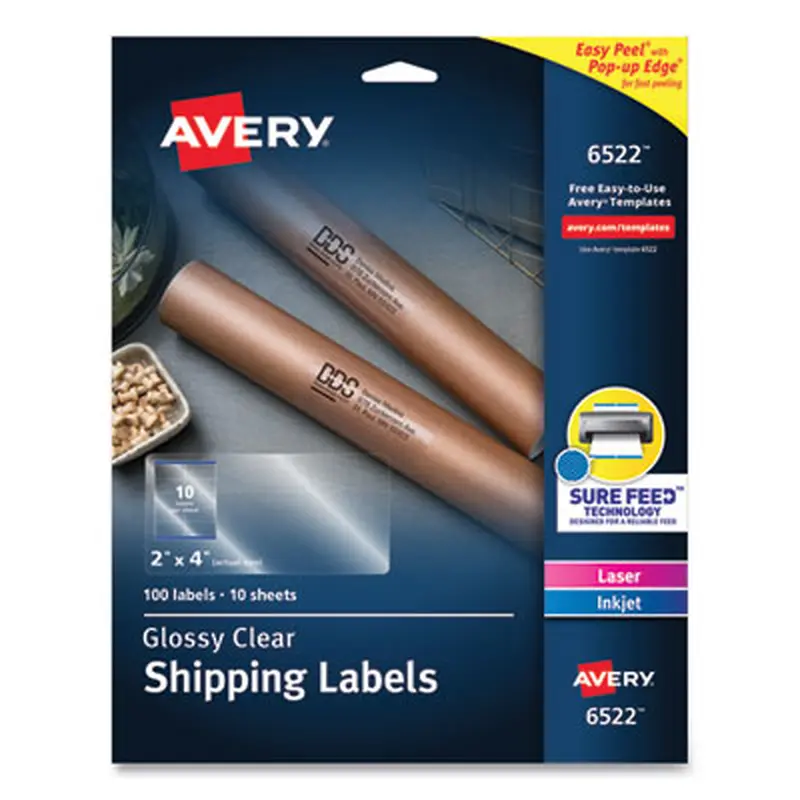 Glossy Clear Easy Peel Mailing Labels w/ Sure Feed Technology, Inkjet/Laser Printers, 2 x 4, Clear, 10/Sheet, 10 Sheets/Pack - Shipping & Mailing Labels | Avery