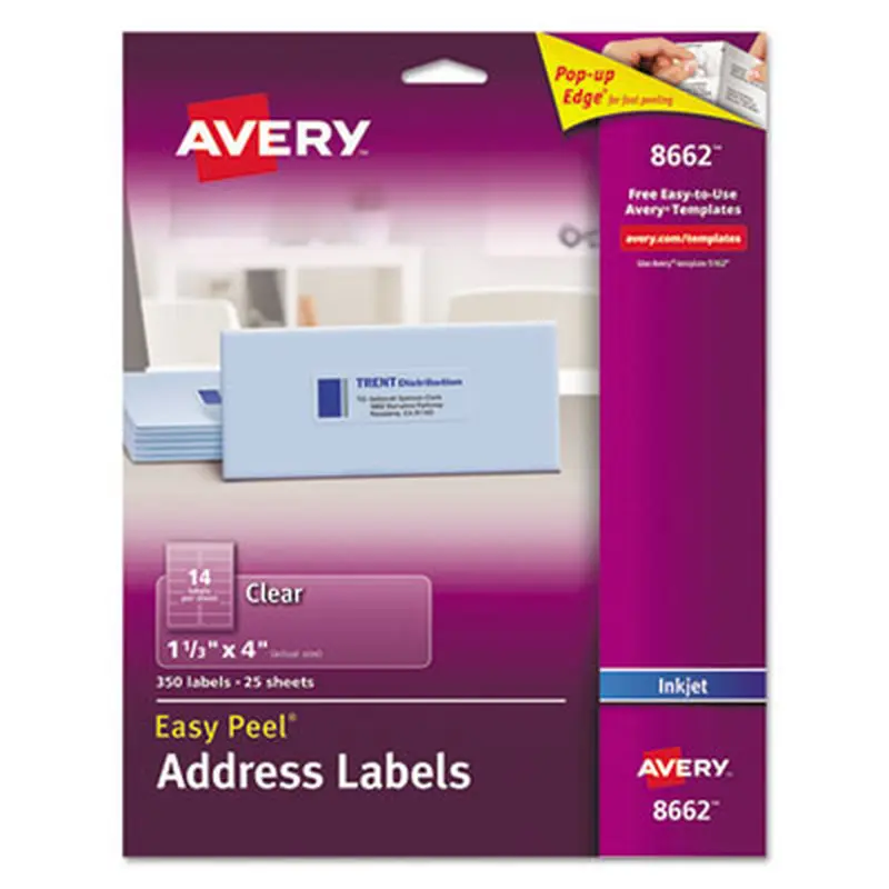 Matte Clear Easy Peel Mailing Labels w/ Sure Feed Technology, Inkjet Printers, 1.33 x 4, Clear, 14/Sheet, 25 Sheets/Pack - Shipping & Mailing Labels | Avery