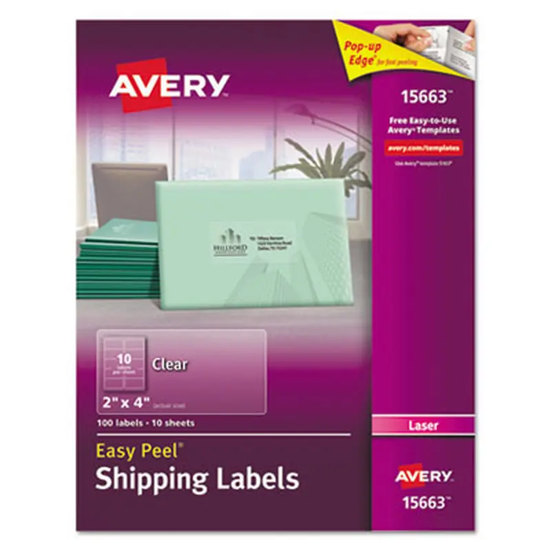 Matte Clear Easy Peel Mailing Labels w/ Sure Feed Technology, Laser Printers, 2 x 4, Clear, 10/Sheet, 10 Sheets/Pack - Shipping & Mailing Labels | Avery