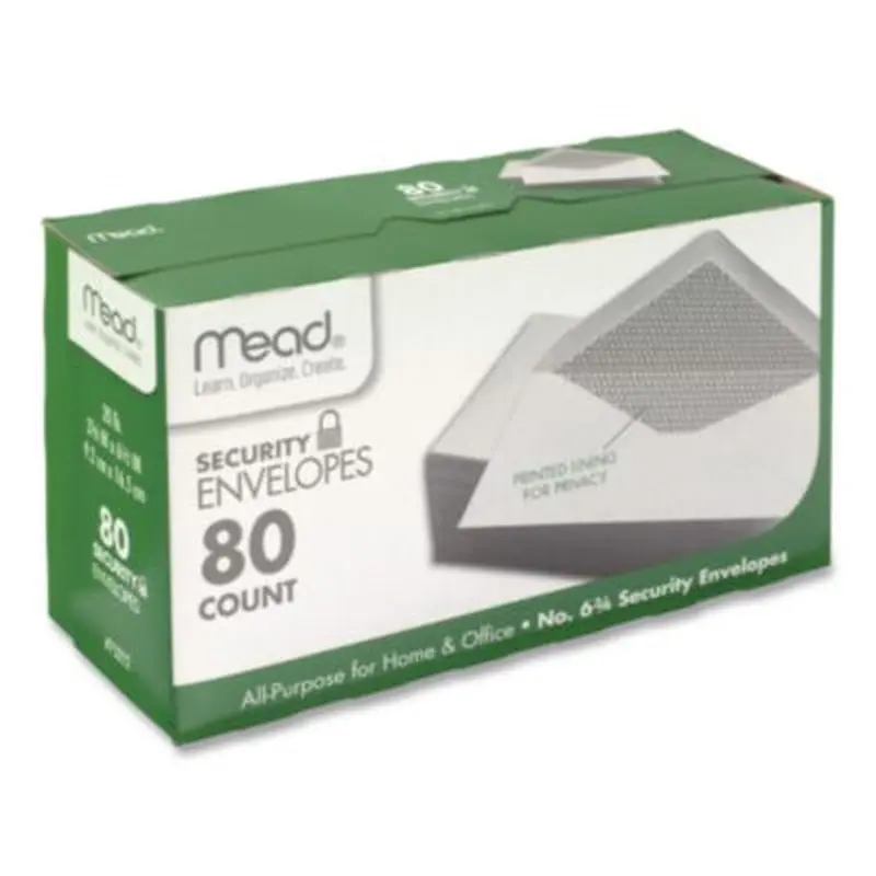 Security Tint Business Envelopes, #6 3/4, Monarch Flap, Gummed Closure, 3.63 x 6.5, White, 80/Box - Business Envelopes | Mead