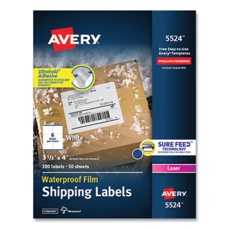 Waterproof Shipping Labels with TrueBlock and Sure Feed, Laser Printers, 3.33 x 4, White, 6/Sheet, 50 Sheets/Pack - Shipping & Mailing Labels | Avery