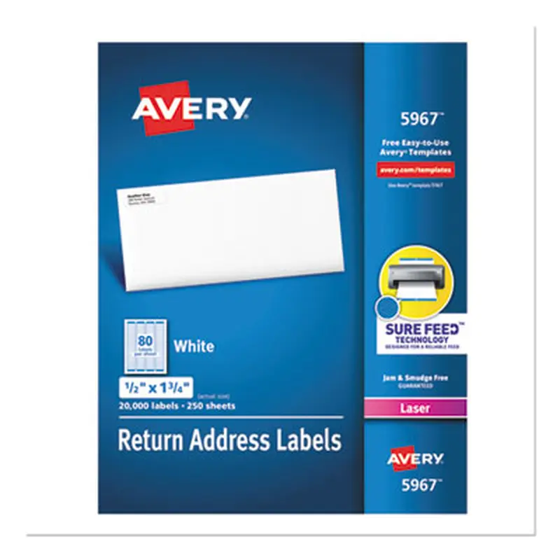 White Address Labels w/ Sure Feed Technology for Laser Printers, Laser Printers, 0.5 x 1.75, White, 80/Sheet, 250 Sheets/Box - Shipping & Mailing Labels | Avery